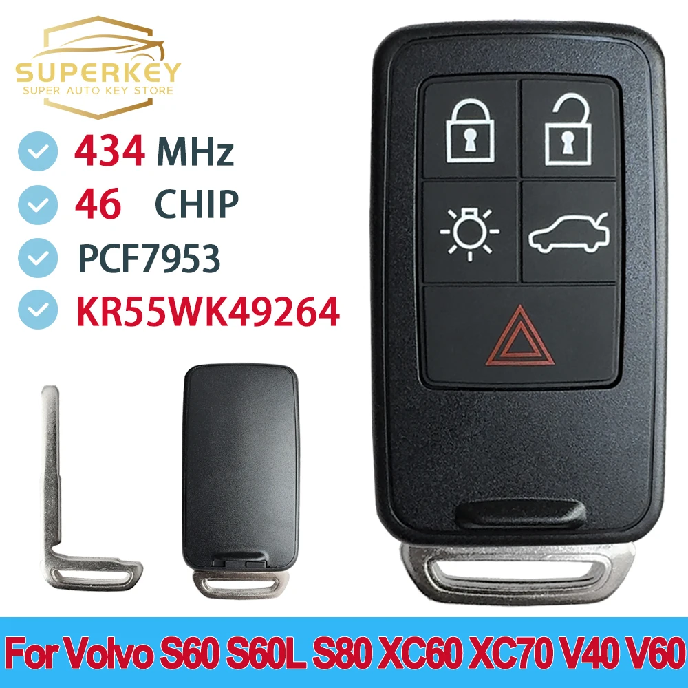 

SUPERKEY For Volvo S60 S60L S80 XC60 XC70 V40 V60 2011-2017 Remote Control Card Key ID46 PCF7953 433MHz 5 Button KR55WK49264