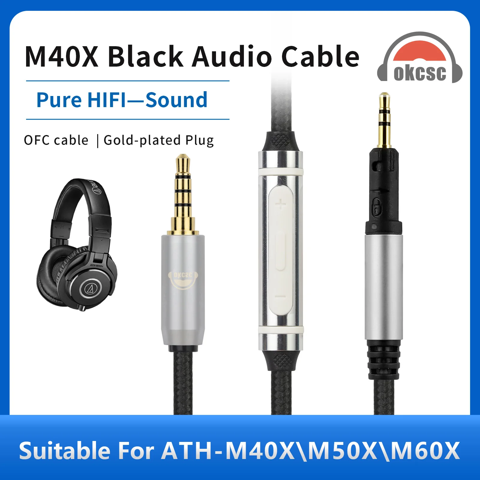 okcsc-hifi-headphones-cable-for-ath-m40x-m50x-m60x-m70x-r50x-headphone-250d-nylon-filament-gold-plated-plug-ofc-audio-cable