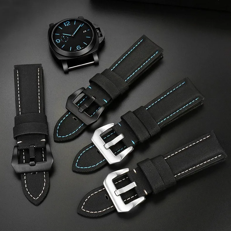 

22mm 24mm 26mm Nylon Texture Leather Watchband for Panerai PAM01661 441 Marina Watch Strap Black Blue line Watch Accessories