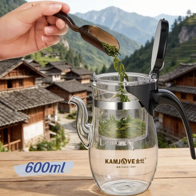 KAMJOVE Press Art Tea Cup Glass Tea Pot Exquisite Filters 304 Stainless Steel For Food Contact Use Teapot 600ml Glass Tea Set