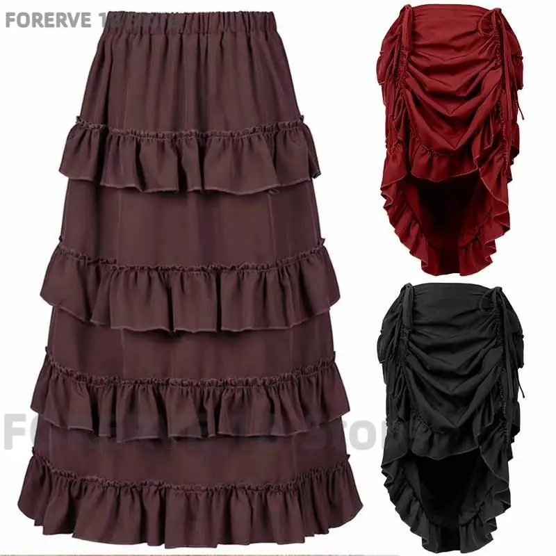 Gothic Plus Size Pirate Vintage Skirt Medieval Costume Drawstring High Low Skirt Victorian Steampunk Ruffles Irregular Skirts ﻿