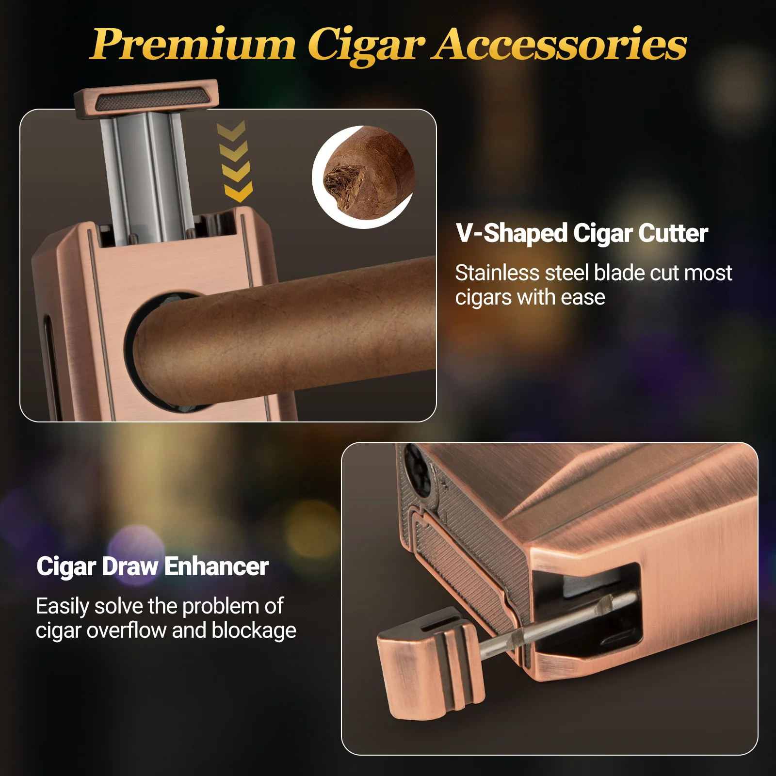 AWOTE Cigar Lighter with Double Jet Flame, Refillable Cigar Torch Lighter with Cigar Holder, V-Cigar Cutter, Cigar Draw Enhancer