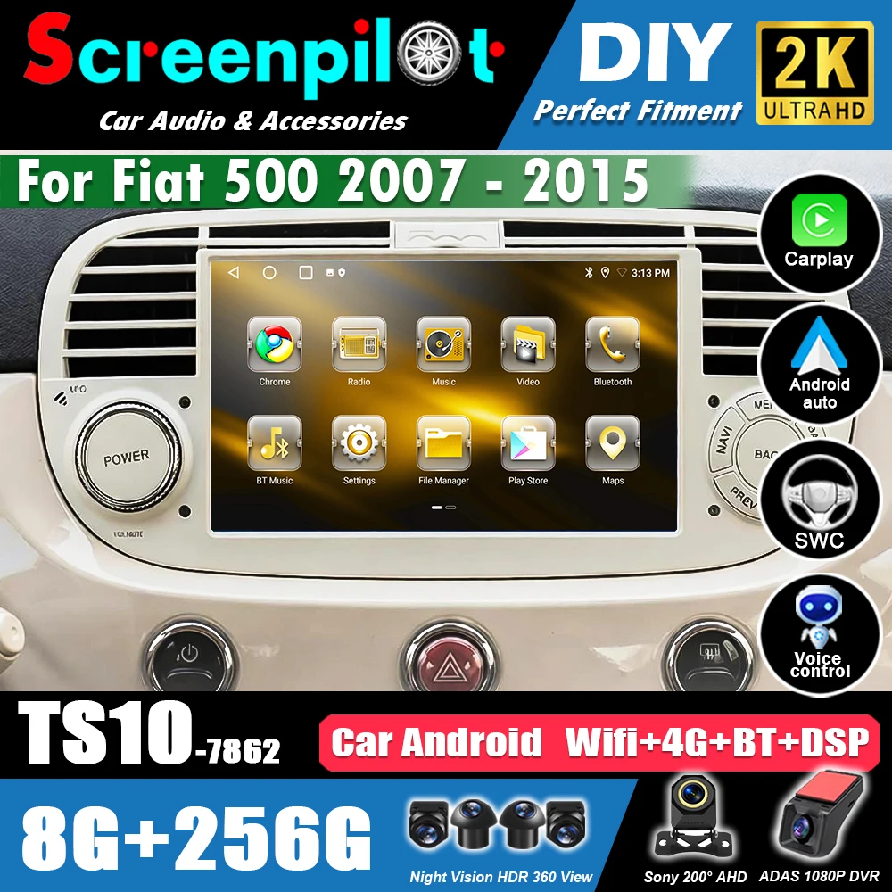 Car Radio Multimedia Android 16 For Fiat 500 2007 2008 -2014 2015 Player WIFI GPS Navigation Wireless Carplay Screen Radio BT