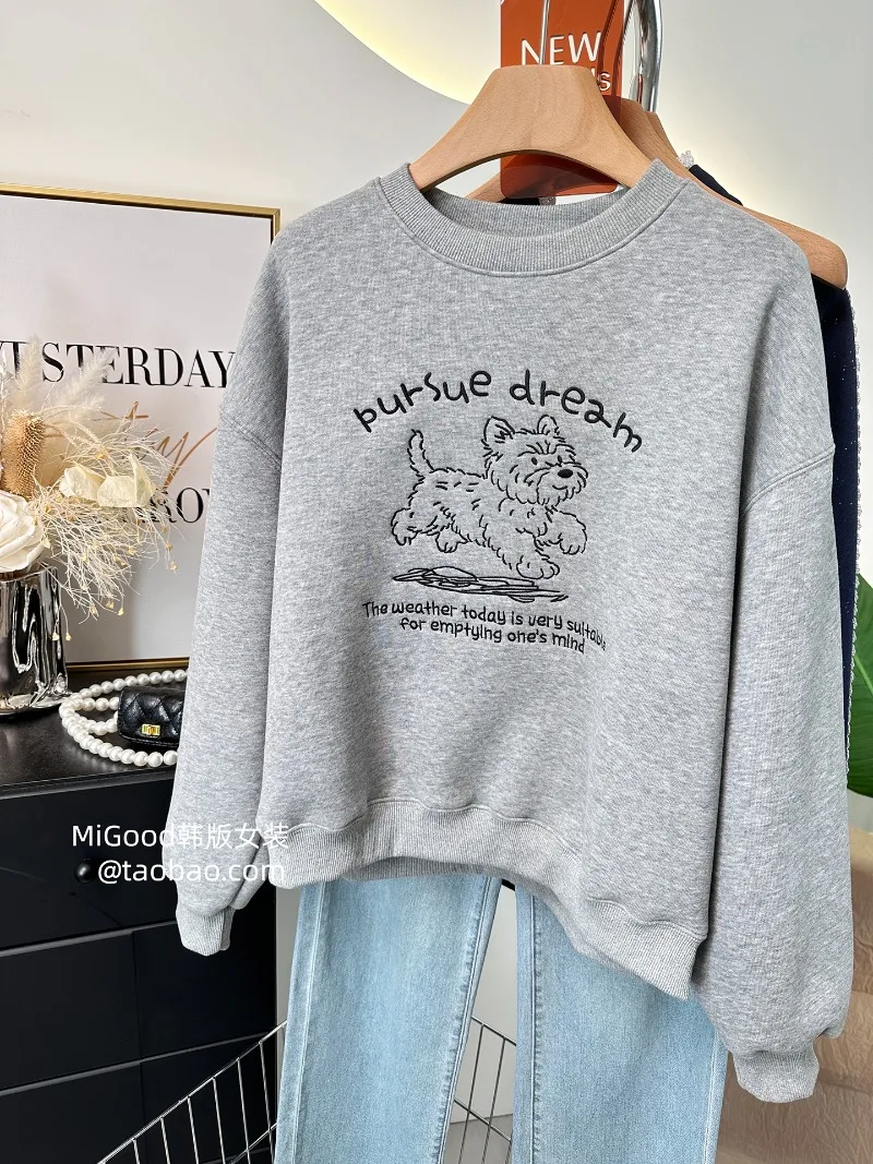 2025 شتاء جديد الكورية نمط سترة موضة الكرتون الكلب التطريز فضفاض سميكة بلوزة من الصوف السيدات البنطال القصير هوديس