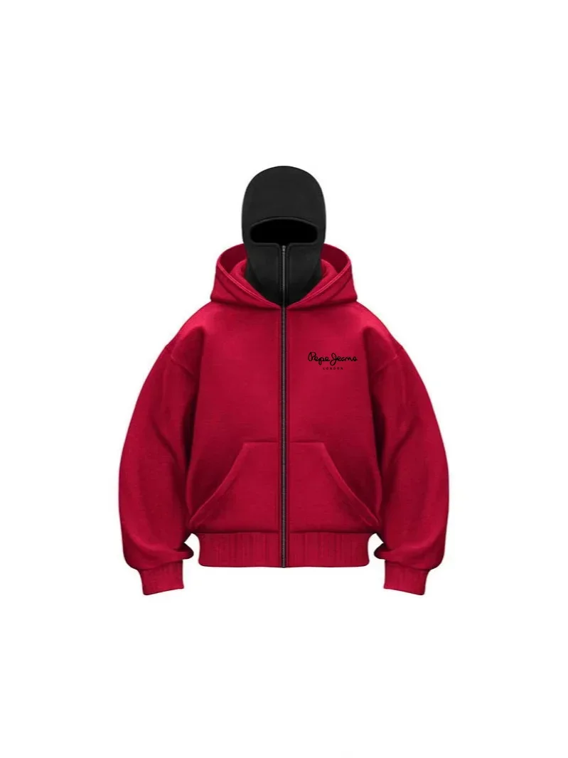 Roupas esportivas masculinas com capuz com zíper, roupas esportivas quentes de inverno, casual Y2K, capuz de máscara, jaqueta com design de zíper, esportes ao ar livre ac