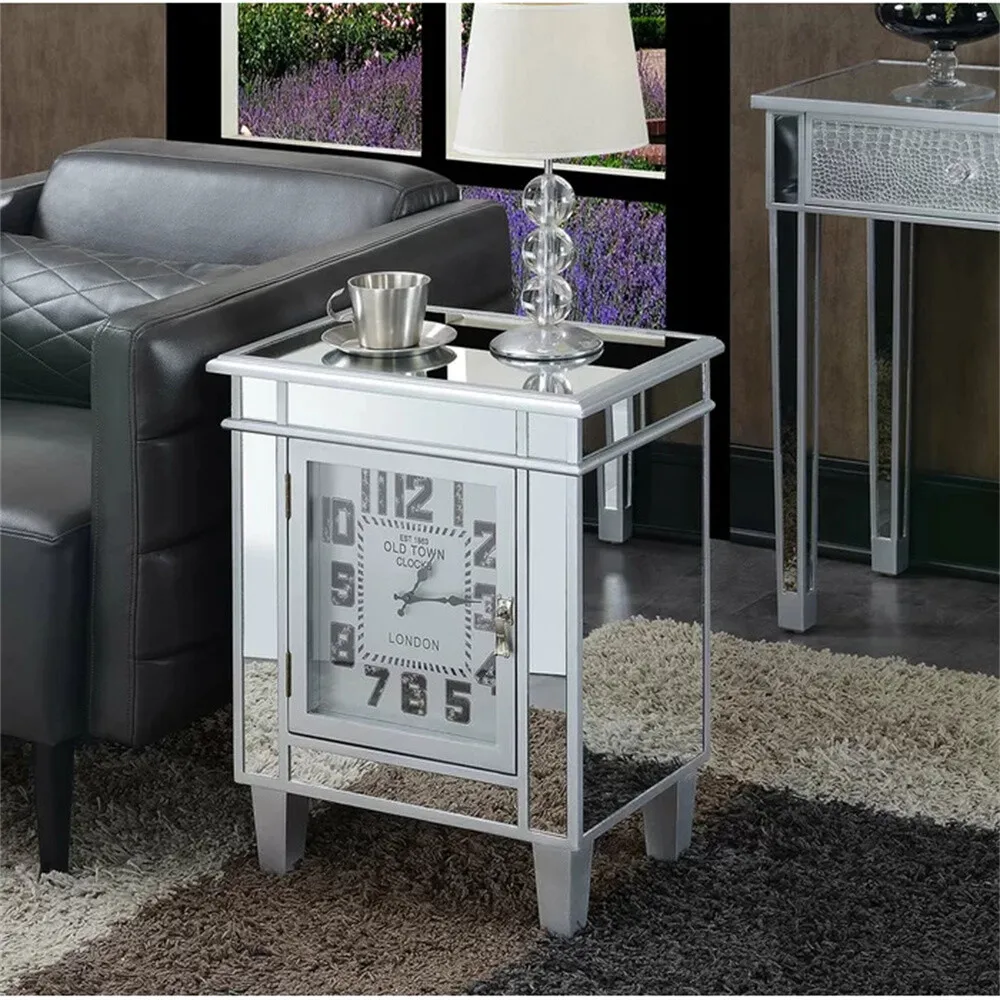 Mesa de cabeceira espelhada com gaveta grande Mesa de cabeceira com porta de relógio e armazenamento
