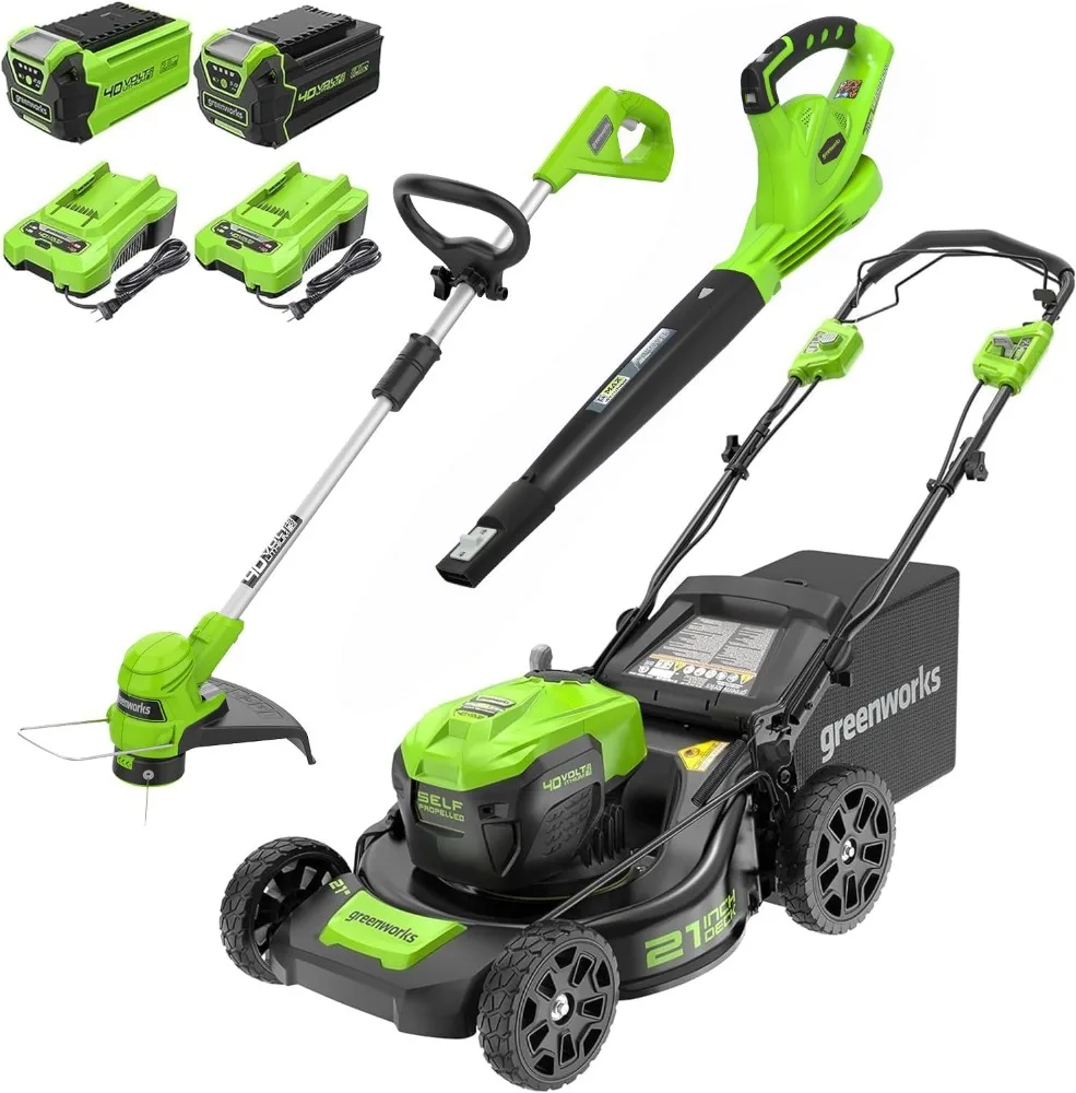 

40V 21" Self-Propelled Mower,Axial Leaf Blower,12" String Trimmer with Batteries and Chargers