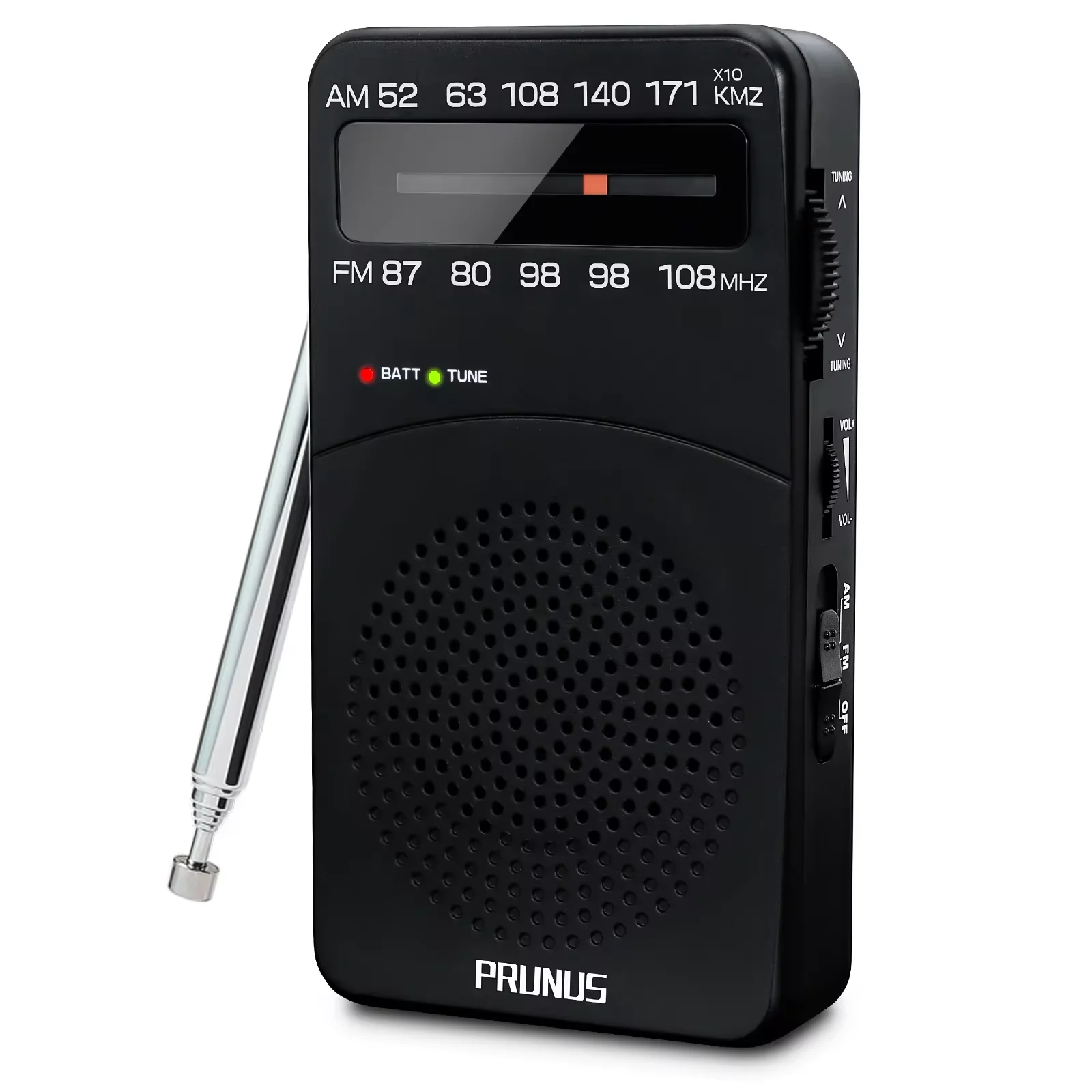 PRUNUS J-166 Portable Radio AM FM, Battery Operated Radio with Tuning Light, Back Clip, Excellent Reception, Transistor Radio