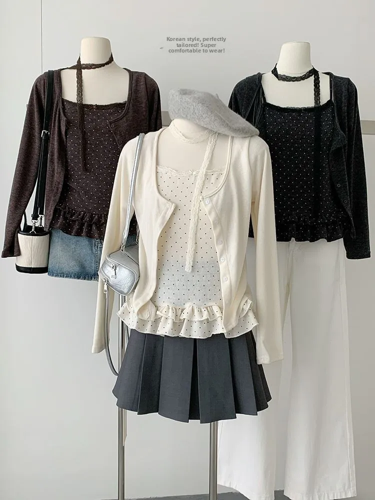 Korean Style Fashion Set Women's Thin Cardigan Lace Trim Tank Top Ensemble Autumn New Simple Style Long Sleeve U-Neck Design