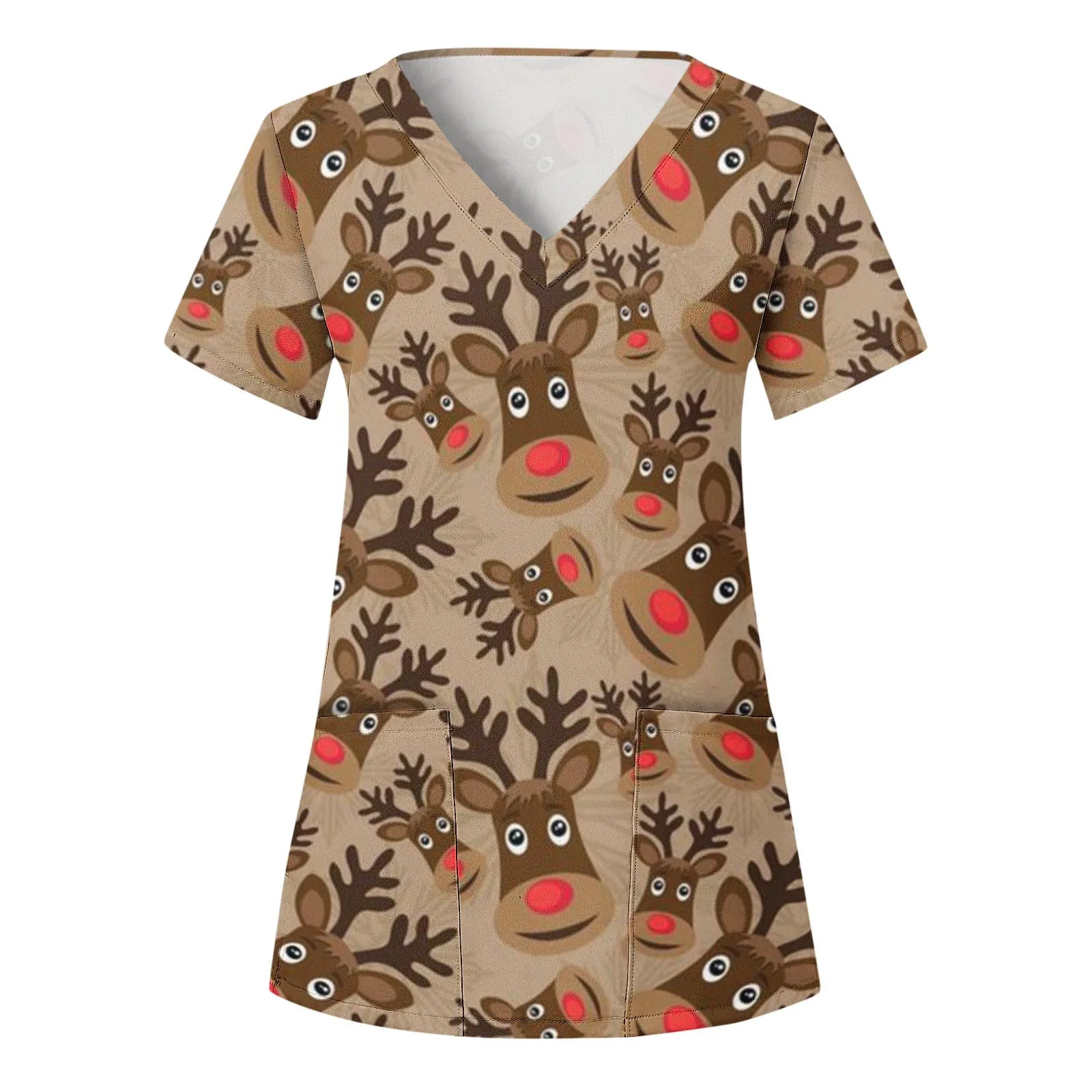 Surgical Uniforms Woman Christmas Moose Cartoon Supple Print Health Care Nurse Tops V-Neck Short Sleeve Clinical Uniform Woman