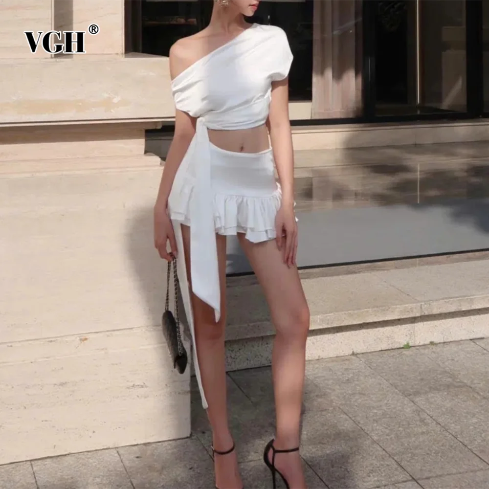 

VGH Designer Solid Two Piece Sets For Women Diagonal Collar Sleeveless Top High Waist Mini Skirt Temperament Set Female Style