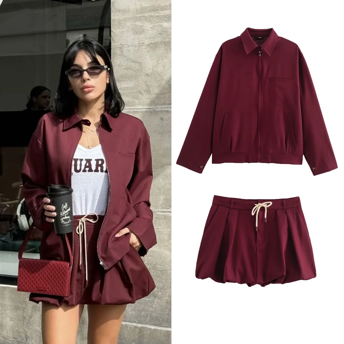 

2025 Autumn Women's Jacket & Skirt Set Zip Pocket Bomber Jacket with Lantern Mini Skirt Two Piece Outfit Casual Streetwear