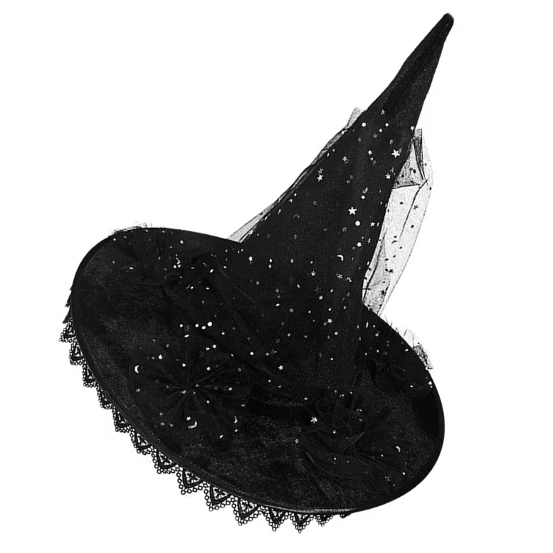 50JB Star Tulle Halloween Hat Cosplay Costume Lace Sheer Wizard Witch Hats