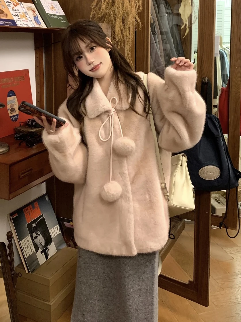 الكورية Sle الحلو لطيف فرو المنك الاصطناعي معطف متكامل المرأة الشتاء ort Thiened عارضة Plu معطف كبير