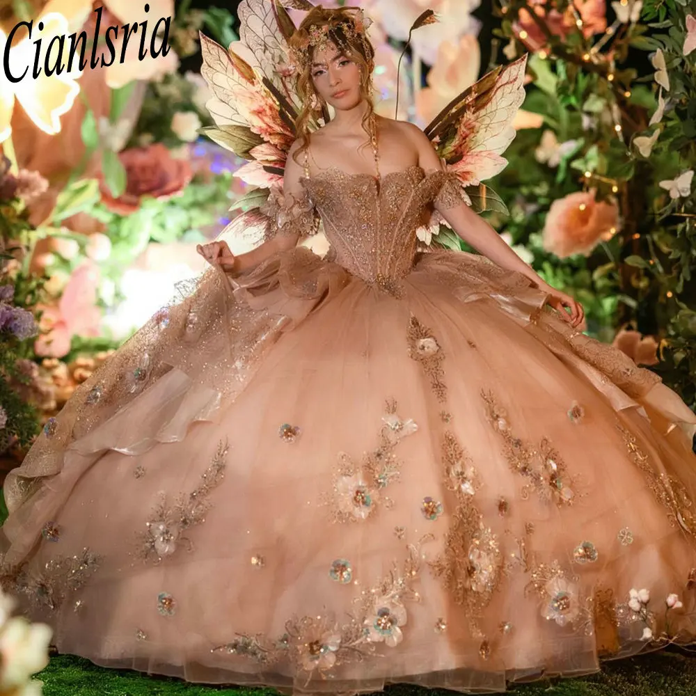 

Champagne 3D Flowers Ruffles Quinceanera Dresses Ball Gown Sequined Appliques Lace Beading Sweet 15 Años Mexican Customized