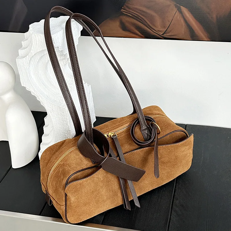 

Women's Bowling Tote Bag 2025 New Suede Leather Handbag Top Grain Leather Single Shoulder Underarm Bag Commuting Premium Chic
