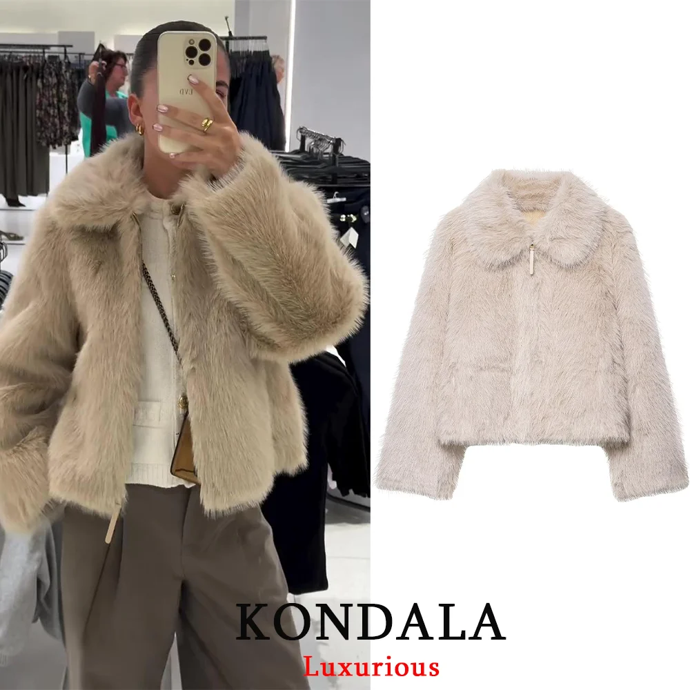 KONDALA Casual Faux Fur Zipper Jackets Long Sleeve Loose Vintage Turn Down Collar Coats Fashion 2025 Autumn Winter Thick Outwear