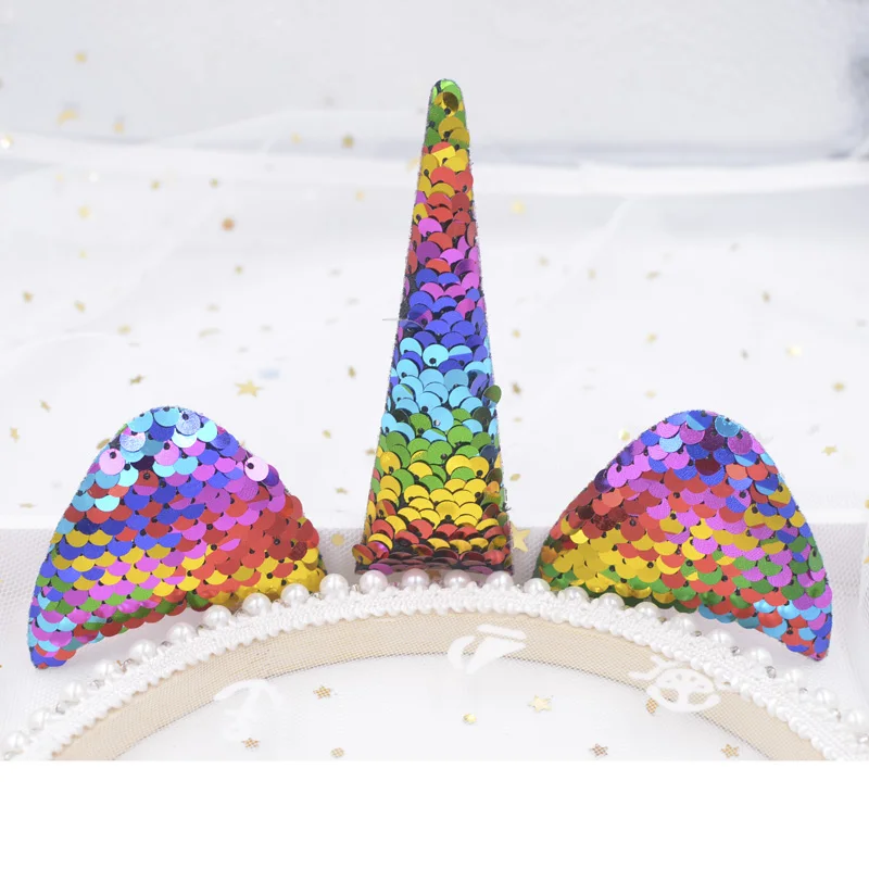 2-zestaw brokatowych cekinów Wyściełane naszywki Śliczne aplikacje z rogiem jednorożca i uszami dla majsterkowiczów Opaska do włosów Baby Kids Party Decor Cosplay