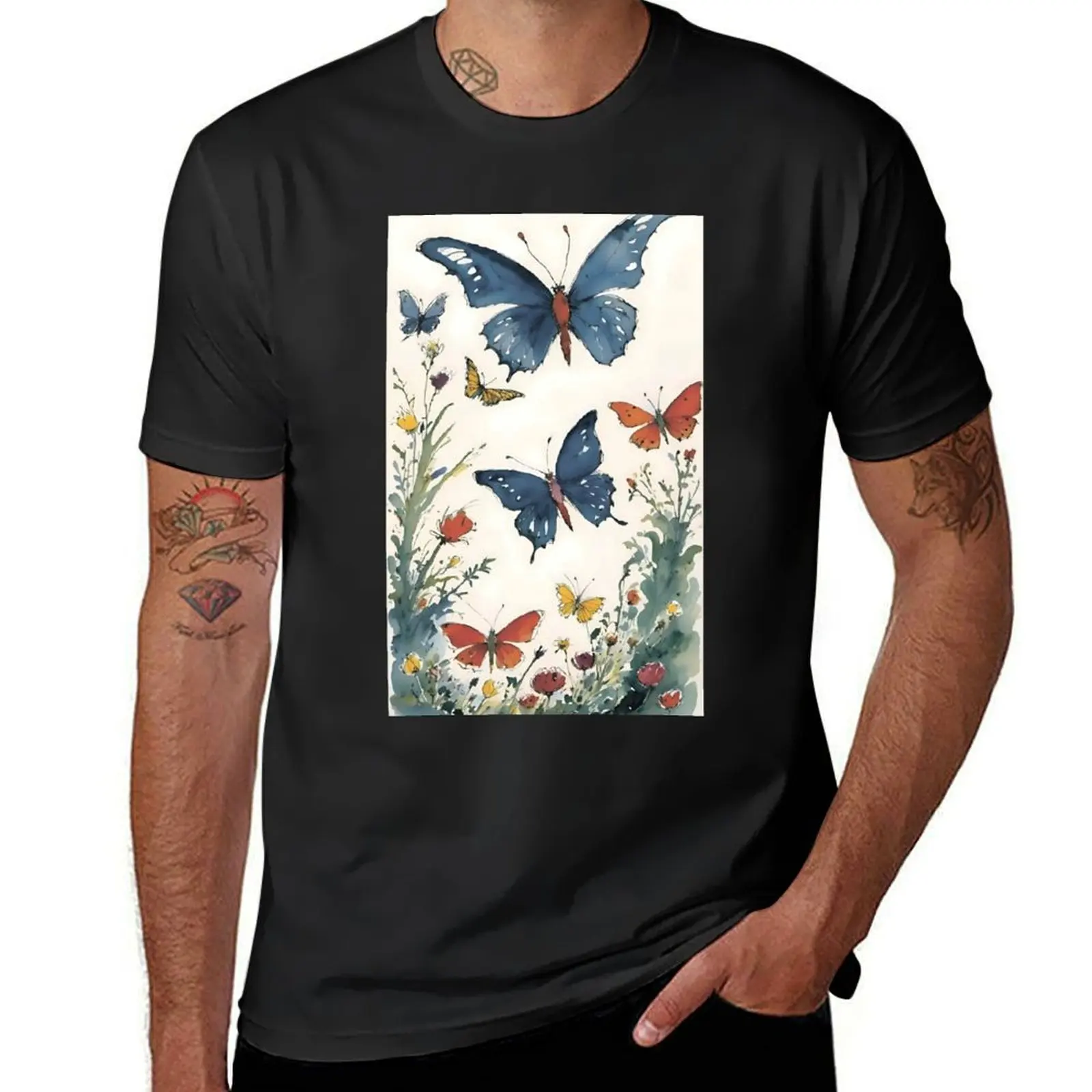 Butterflies Among Flowers. Watercolor T-Shirt sports fans quick drying anime clothes plain mens graphic t-shirts hip hop