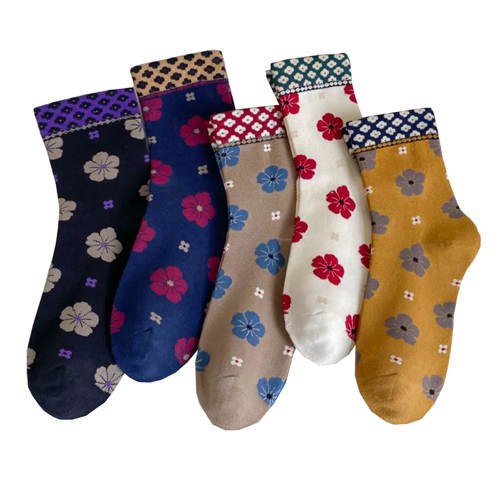 Chaussettes longues vintage Harajuku pour femmes, imprimé fleur mignon, chaussettes fille élégantes, mode de rue, marque de créateur, automne, hiver, 5 paires