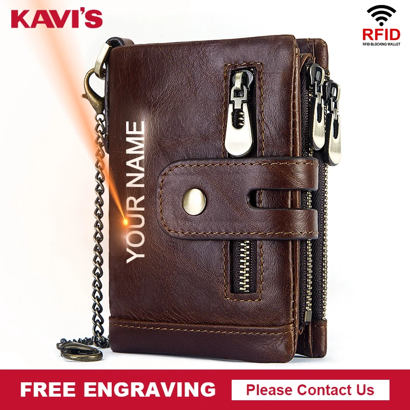 Free Engraving Cowhide Genuine Leather Men Wallet Coin Purse Mini Card Holder Chain PORTFOLIO Portomonee Male Walet Pocket Chain