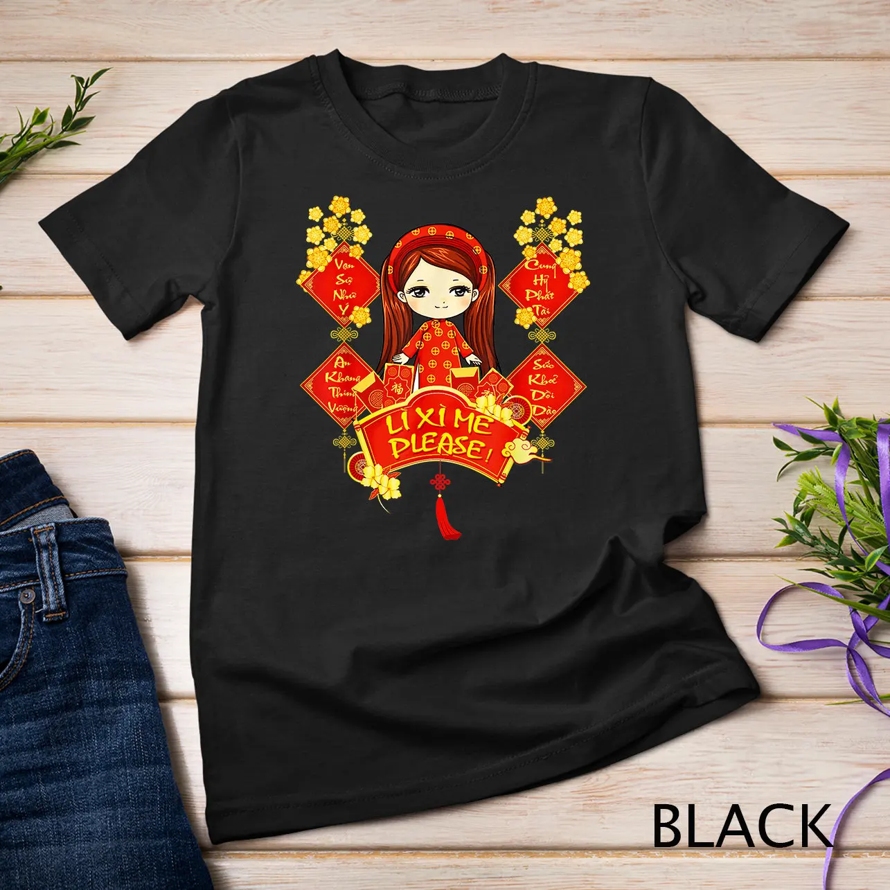 Li Xi Me Please Vietnamese Red Cute Ao Dai Girl Flowers 2024 T Shirt Sweat