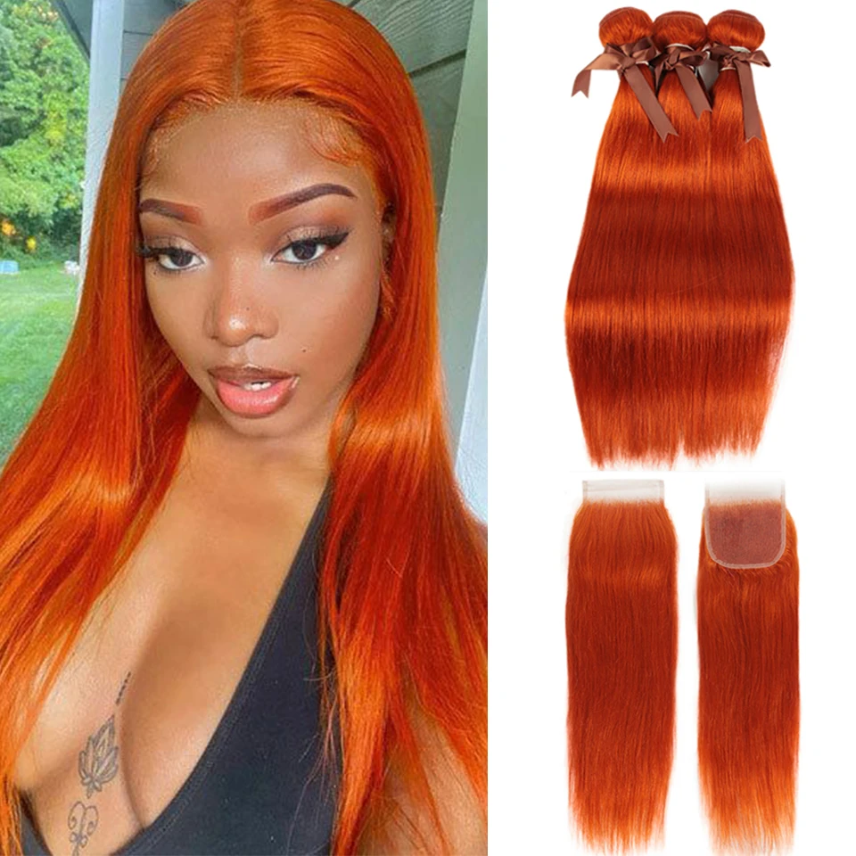 

Sleek Orange Straight Bundles With Closure Brazilian Hair Bundles With Closure 8-28 Remy Human Hair 3/4 Bundles With Closure