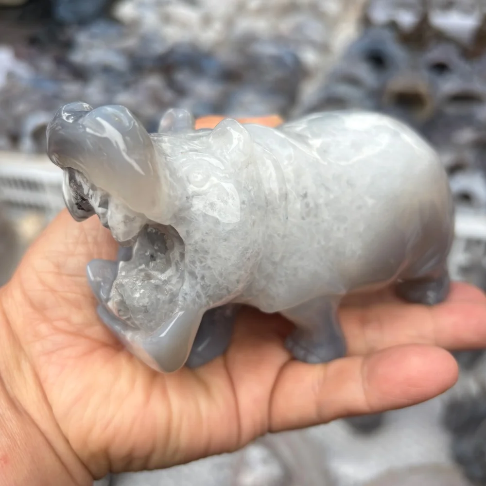 Natural Druzy Agate Hippo Figurine Hand Carved Crystal Hippopotamus Statue Reiki Healing Stone Animal Sculpture Home Decor Spiri