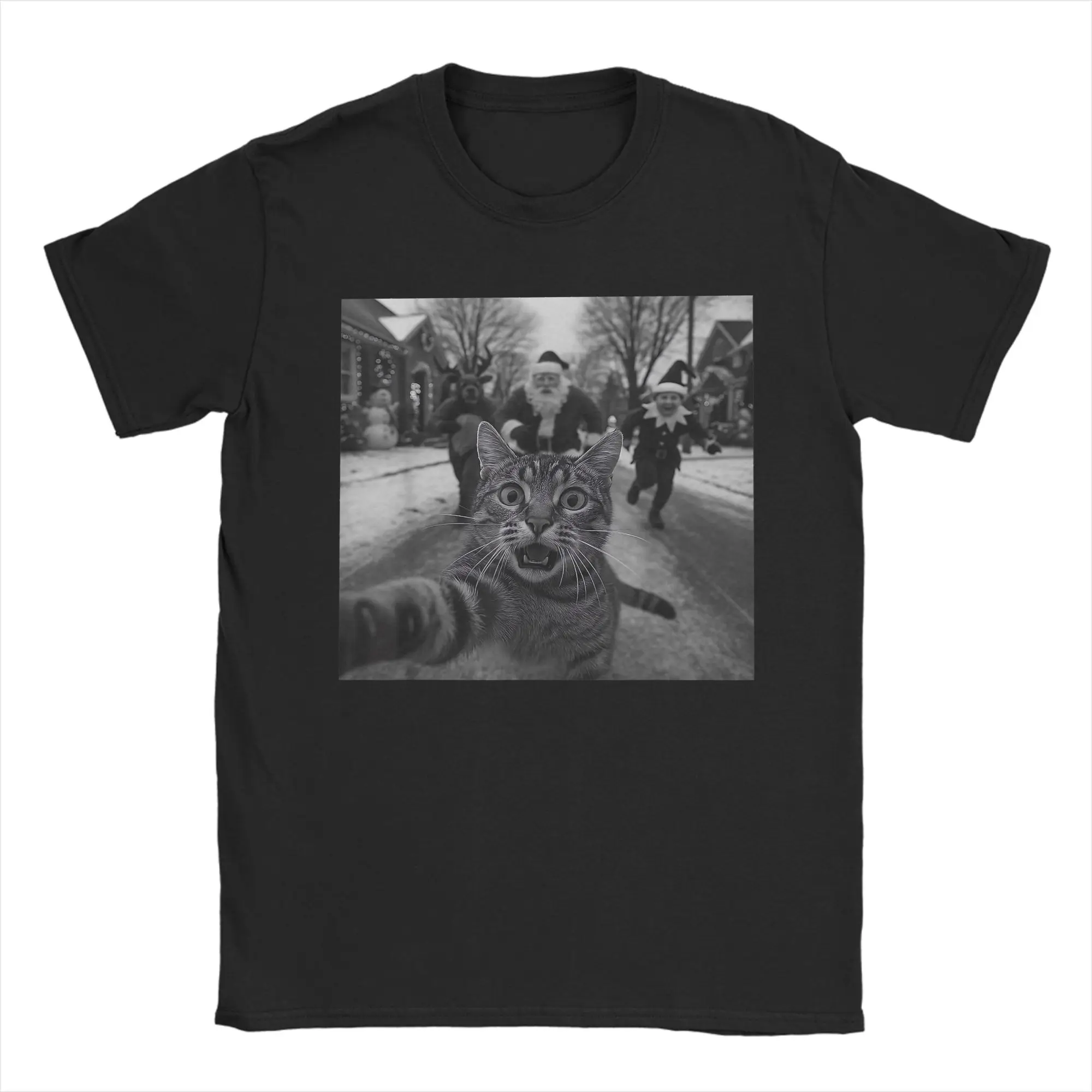 

Футболка с изображением кота для селфи и Санта-Клауса из чистого хлопка в стиле Харадзюку Y2K в стиле хиппи для мужчин, летние дешевые футболки с короткими рукавами и базовым принтом