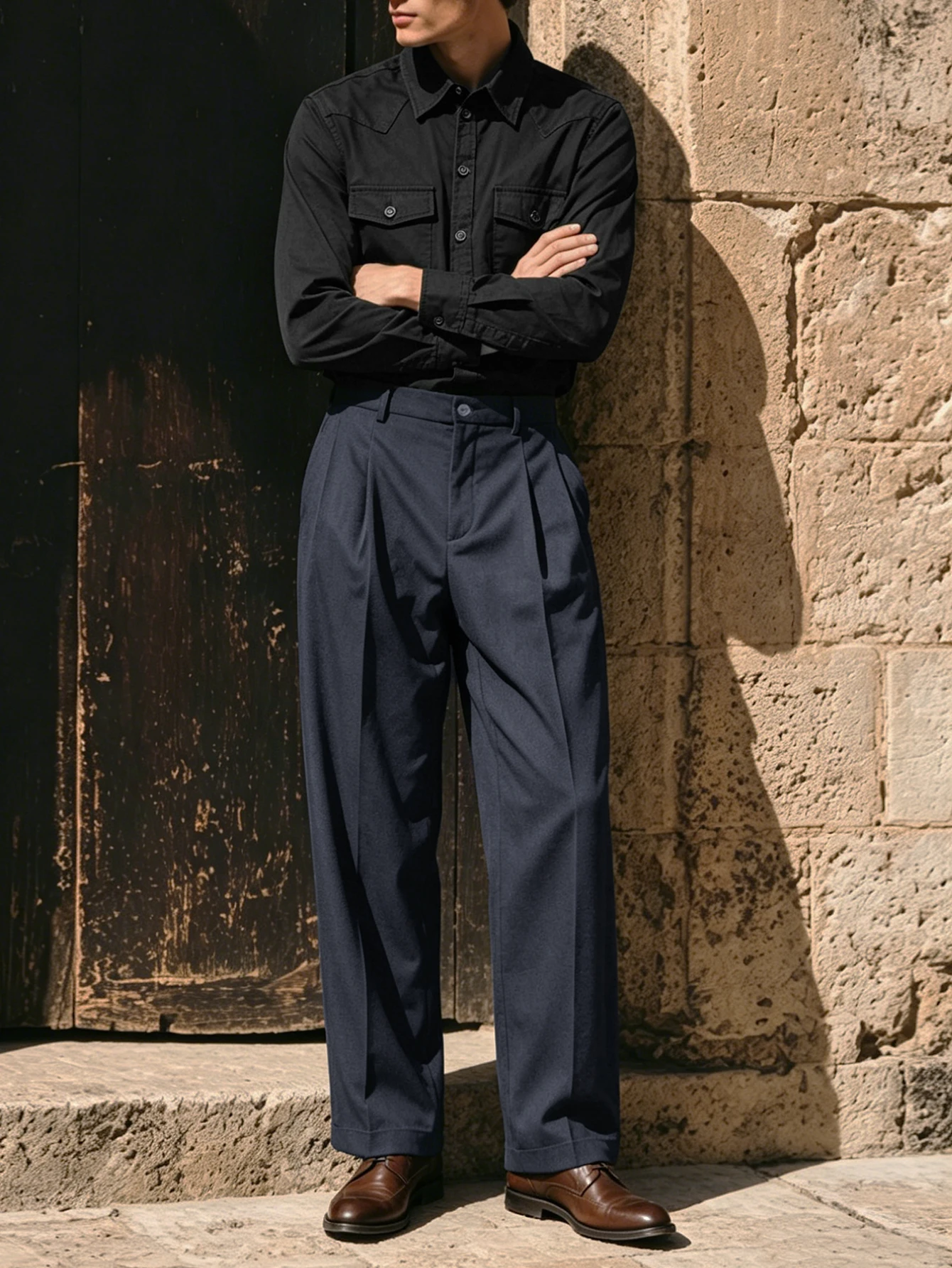 

Men 2PCS Light Business Set 2026 SS New, Button Shirt + High Waist Pleated Straight Pants, Italian Elegant Denim Casual Suit