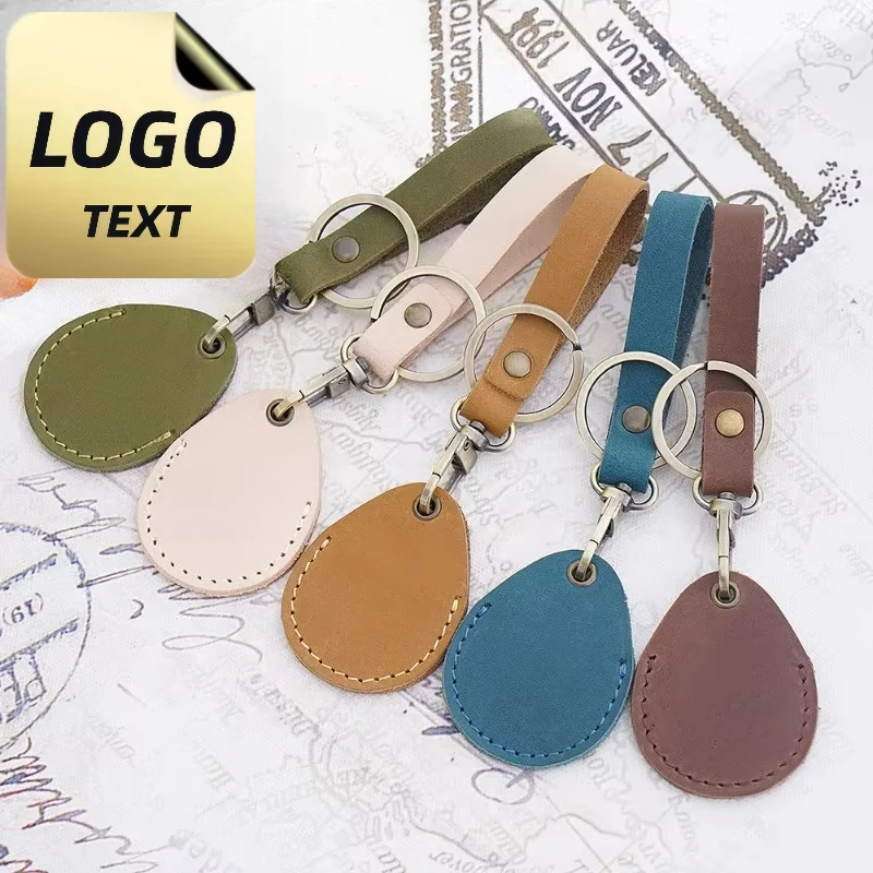 Laser Engraved Custom Logo Genuine Crazy Horse Keyring Blank Vintage Door Access Card Holder Key Chain for Airtag Keychain Gift
