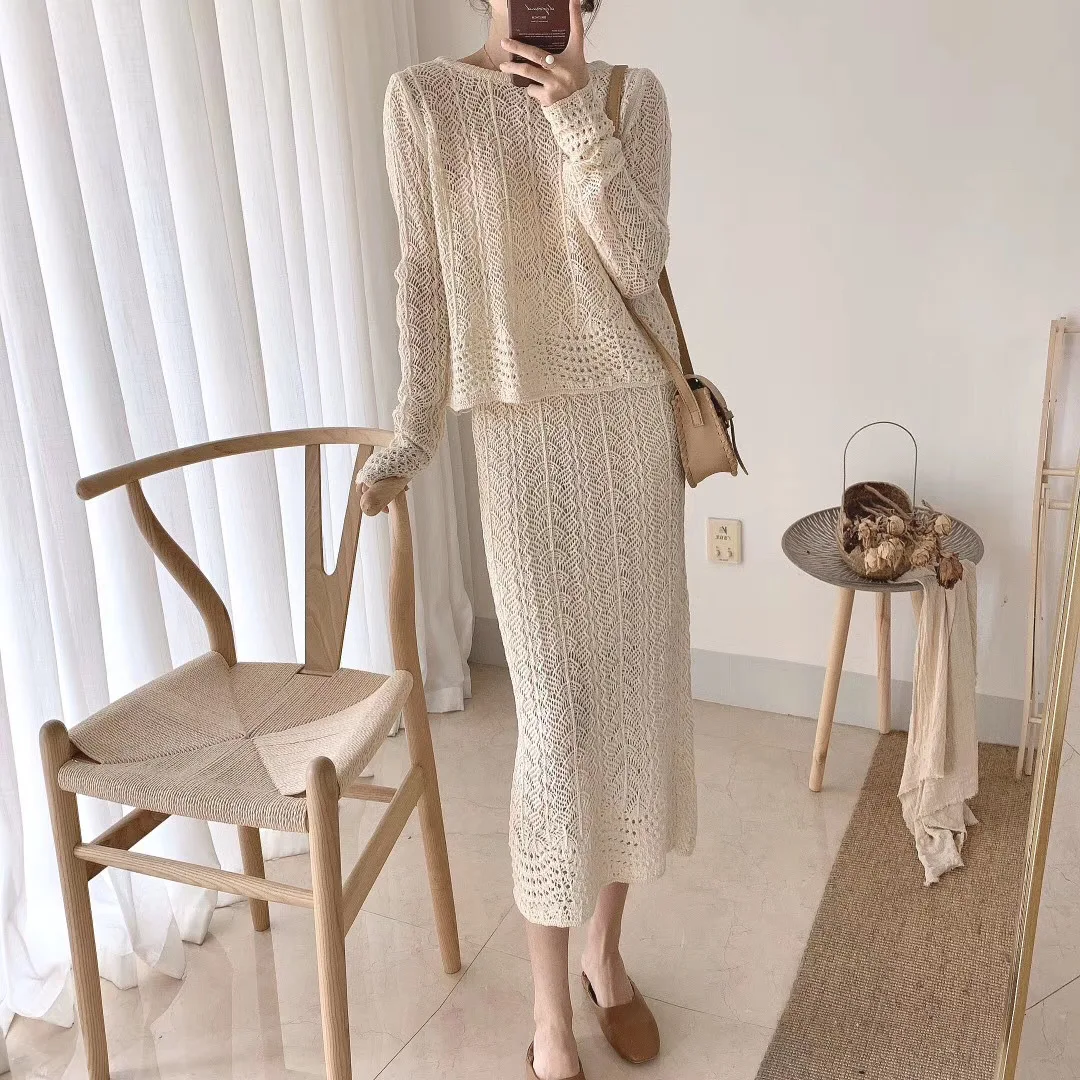 knitting suit women hollowed-out pencil long skirt casual Long sleeves sets