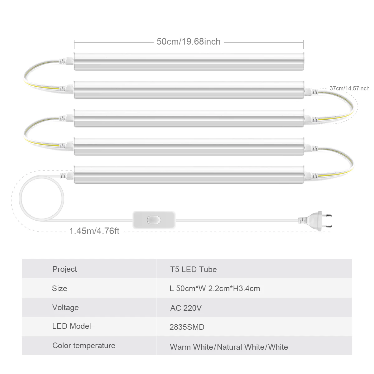1-6Pcs 50cm Series Connection Under Cabinet Lamp 15/30/45/60/75/90W LED Light T5 Tube Bulb for Kitchen,Wall,Garage Ceiling Decor