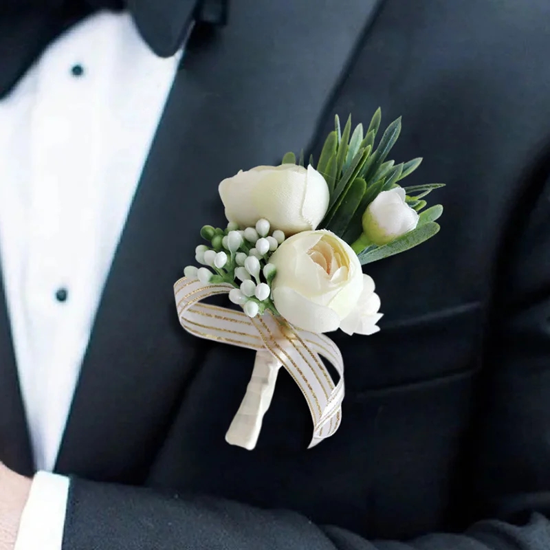 Boutonnieres fiori rose artificiali seta avorio corpetto Buttonhole Groomsmen Boutonniere per uomo accessori da sposa