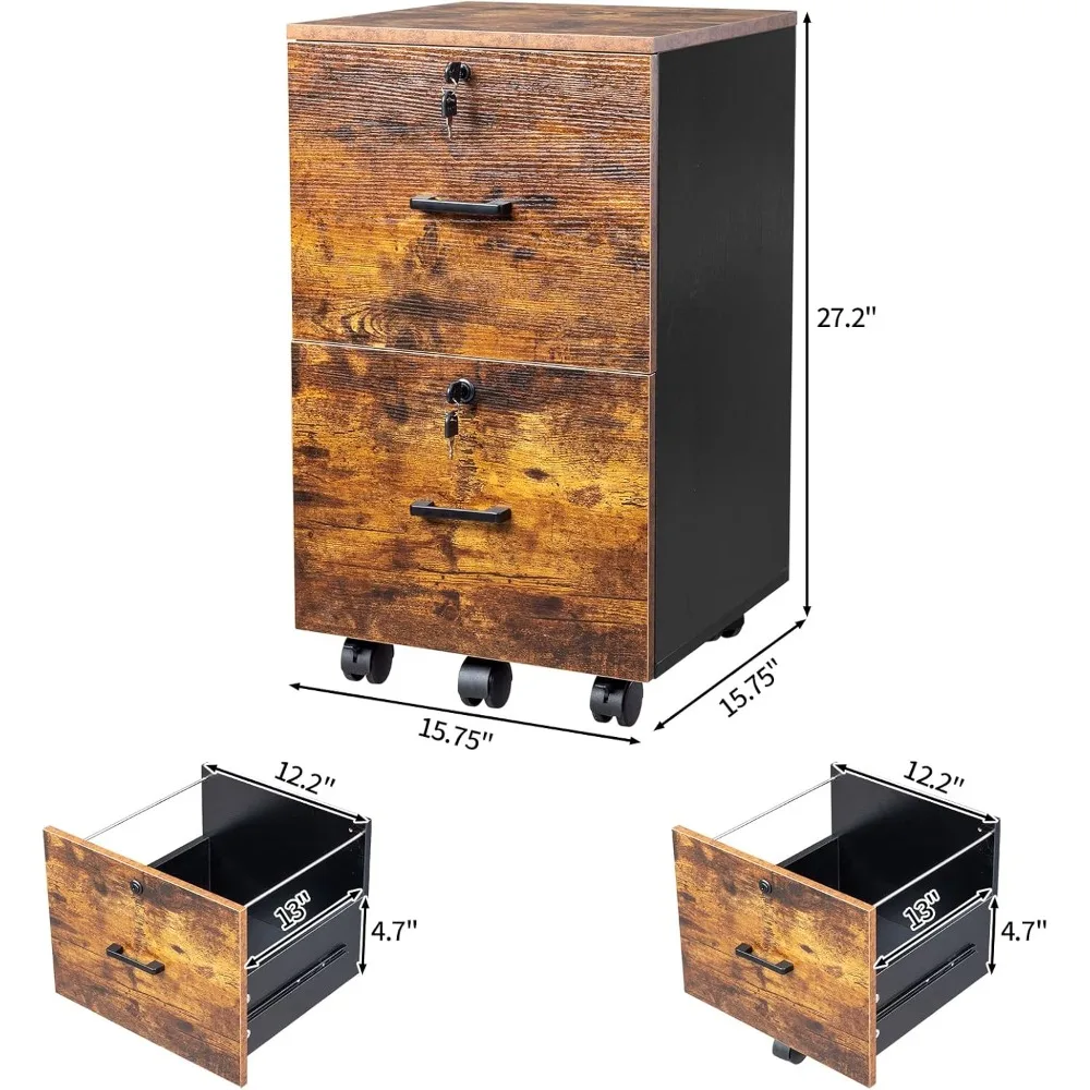 Small Rolling 2-Drawer Wood File Cabinet with Lock, Letter Size Hanging Filing System, Mobile Under Desk Storage Solution