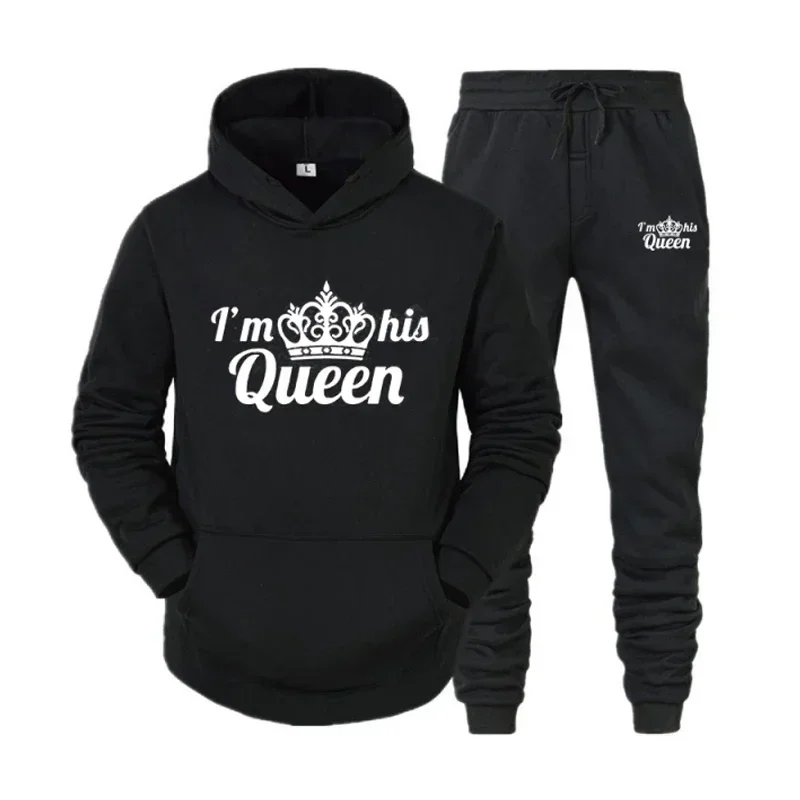 Couple Tracksuit King Queen Print Casual Hoodie Set Sweatshirt Sportswear Hooded Pullover Suits Lover Hoodie and Pants 2 Pieces