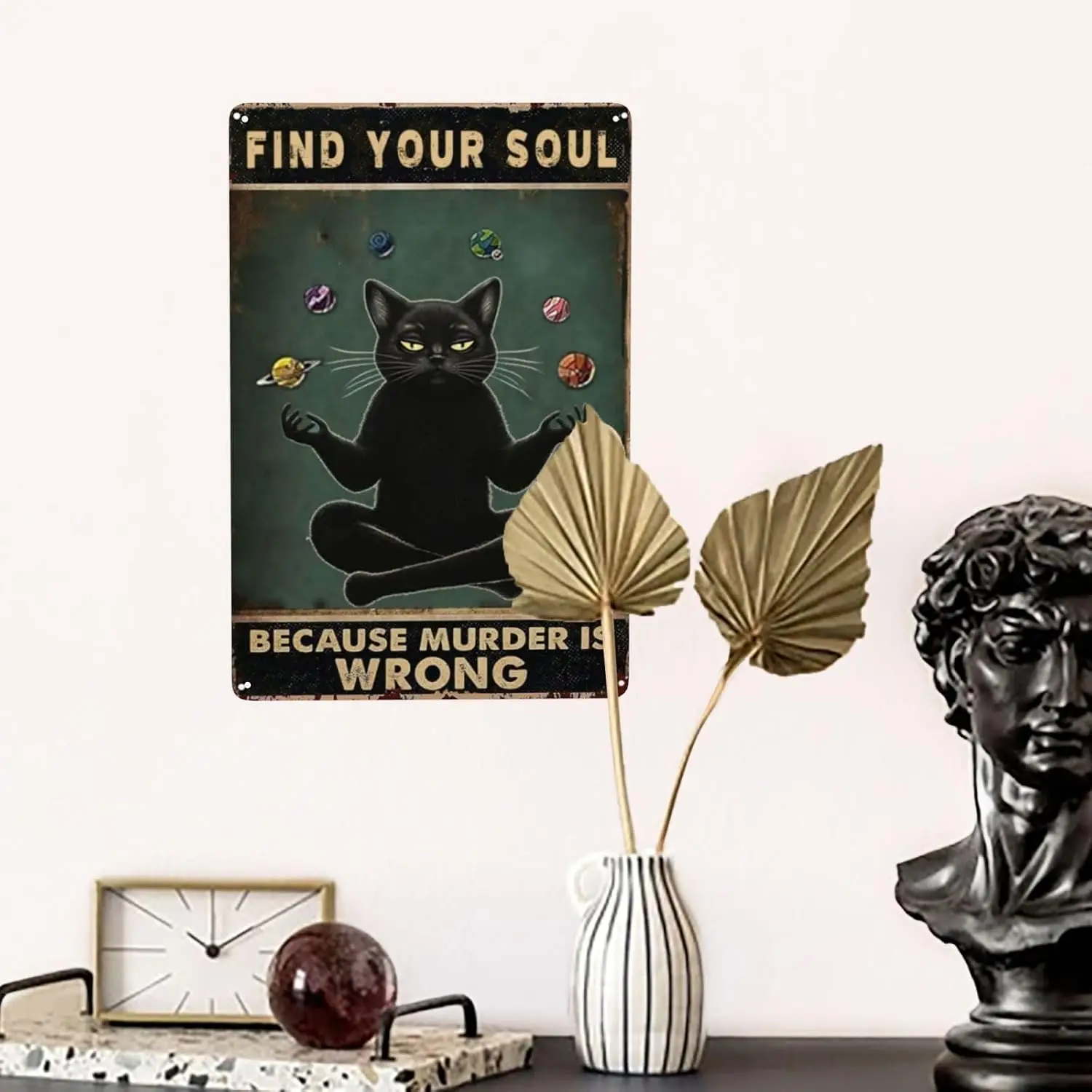 Zen Cat Metal Sign - 8x12 Inch Boho Wall Decor - Colorful Cartoon Design for Kitchen Man Cave Rustic Farmhouse Party Poster