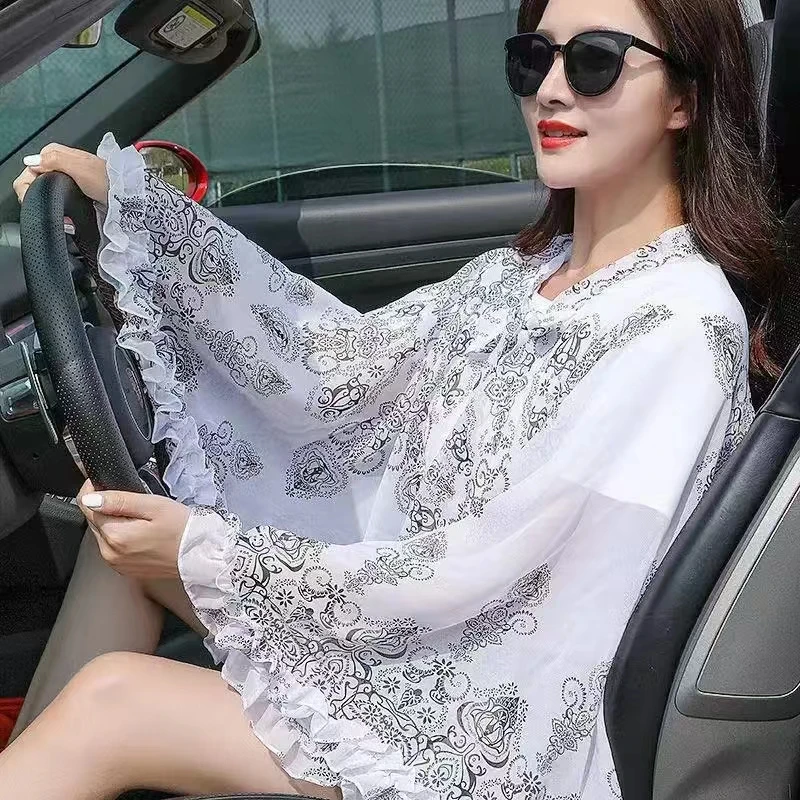 

2024 New Thin Print Sunscreen Shawl Women Summer UV Protection Riding Sunscreen Cloak Lady Poncho Capes Black