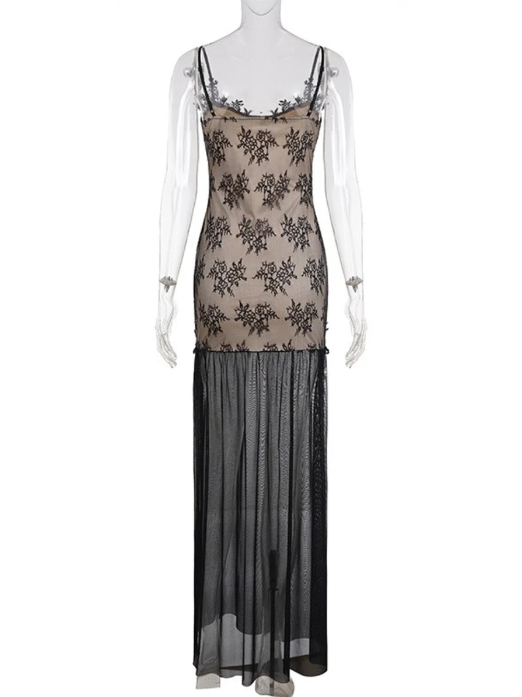 SsTss Sexy durchsichtiges Mesh-Spitzen-Maxikleid für Damen, elegantes Spaghettiträger, ärmellos, durchsichtig, schlankes langes Kleid für besondere Anlässe