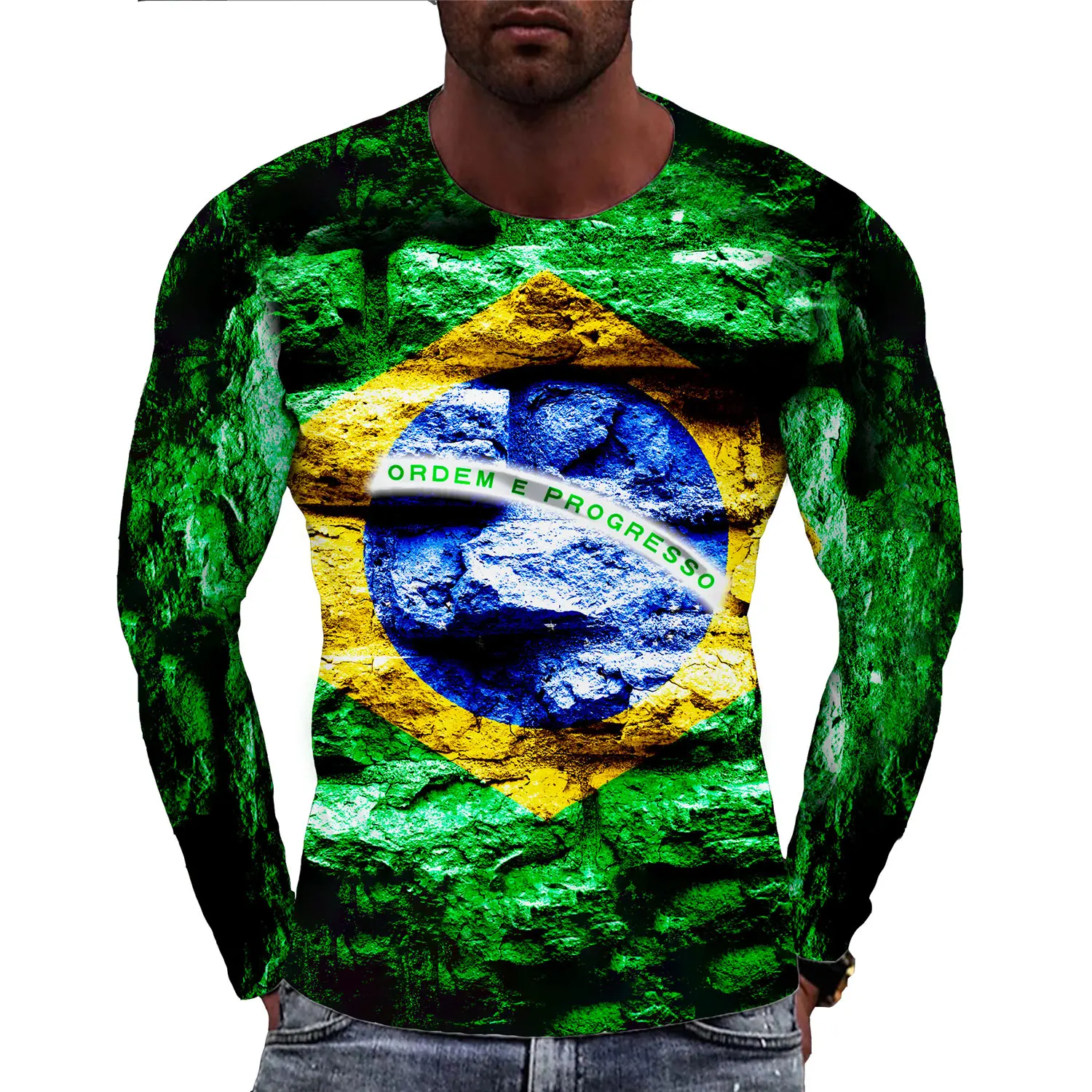 2022 Newest Hip Hop Style Brazil Men\'s 3D T-shirt Brasil Flag Printing Long Sleeved Casual Pullover Fashion Sports Tee