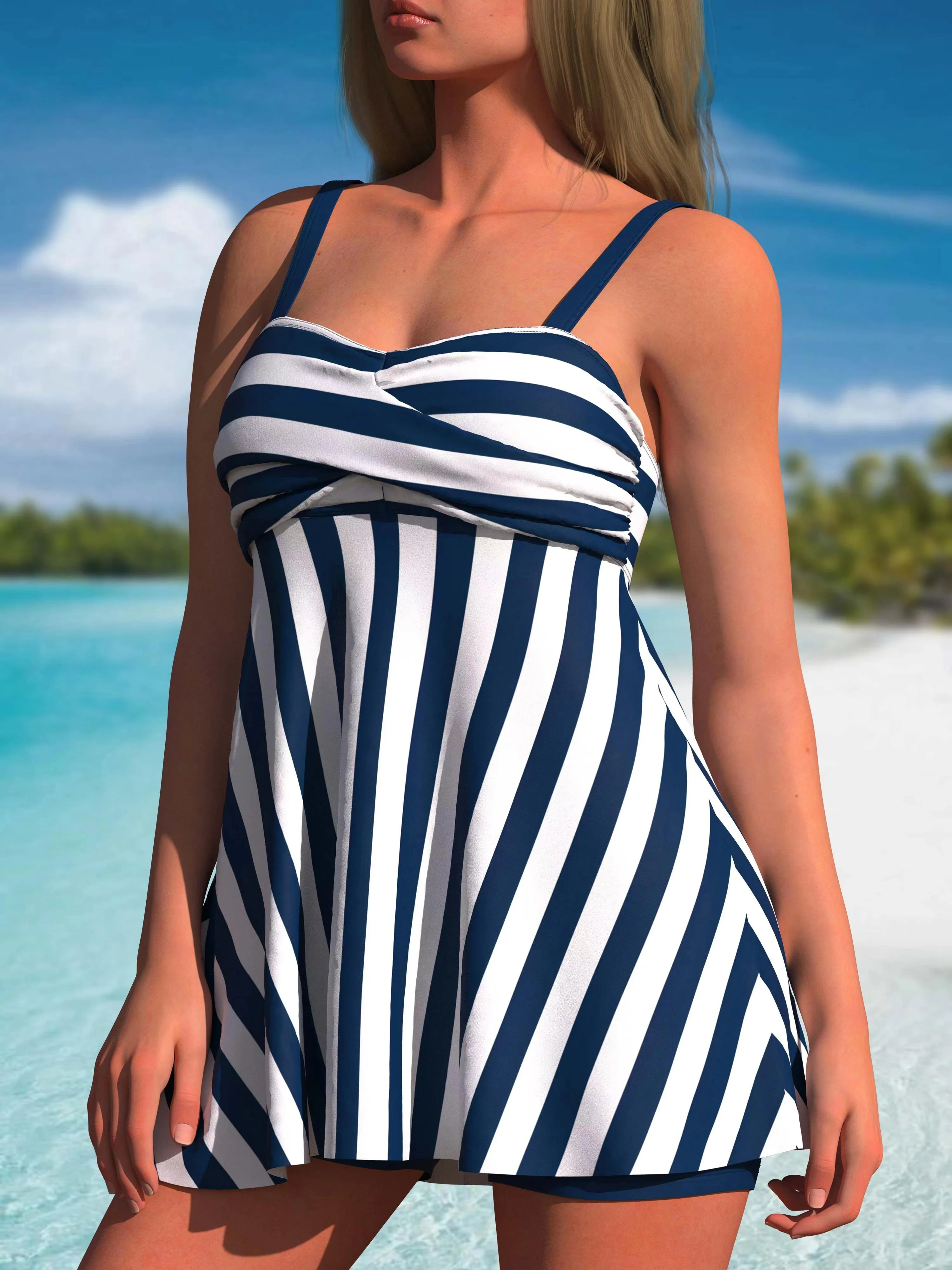 Striped Print 2 Piece Set Tankini, Ruched Skirted Boxer Short Bottom Swimsuits, Women's Swimwear & Clothing