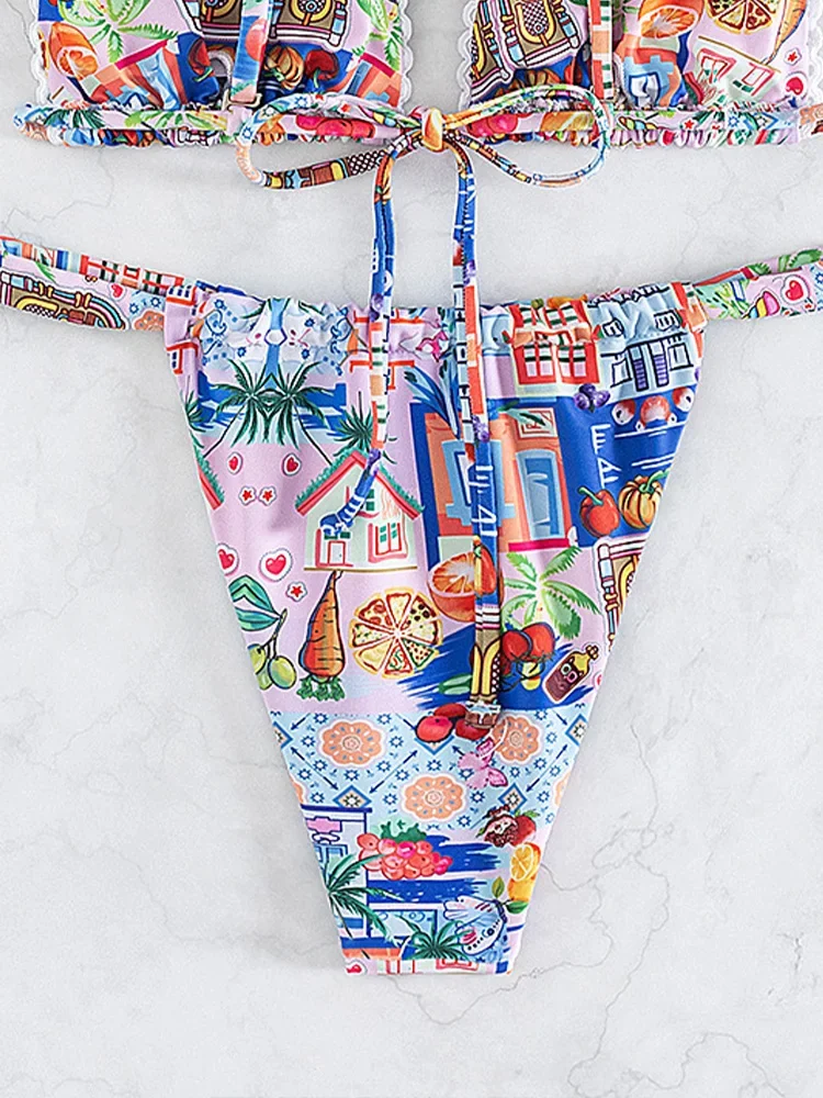 Bikini da spiaggia con stampa sexy alla moda Set da 2 pezzi Costume da bagno diviso da donna Bikini da vacanza a vita alta 2025 Nuovo set bikini da bagno estivo