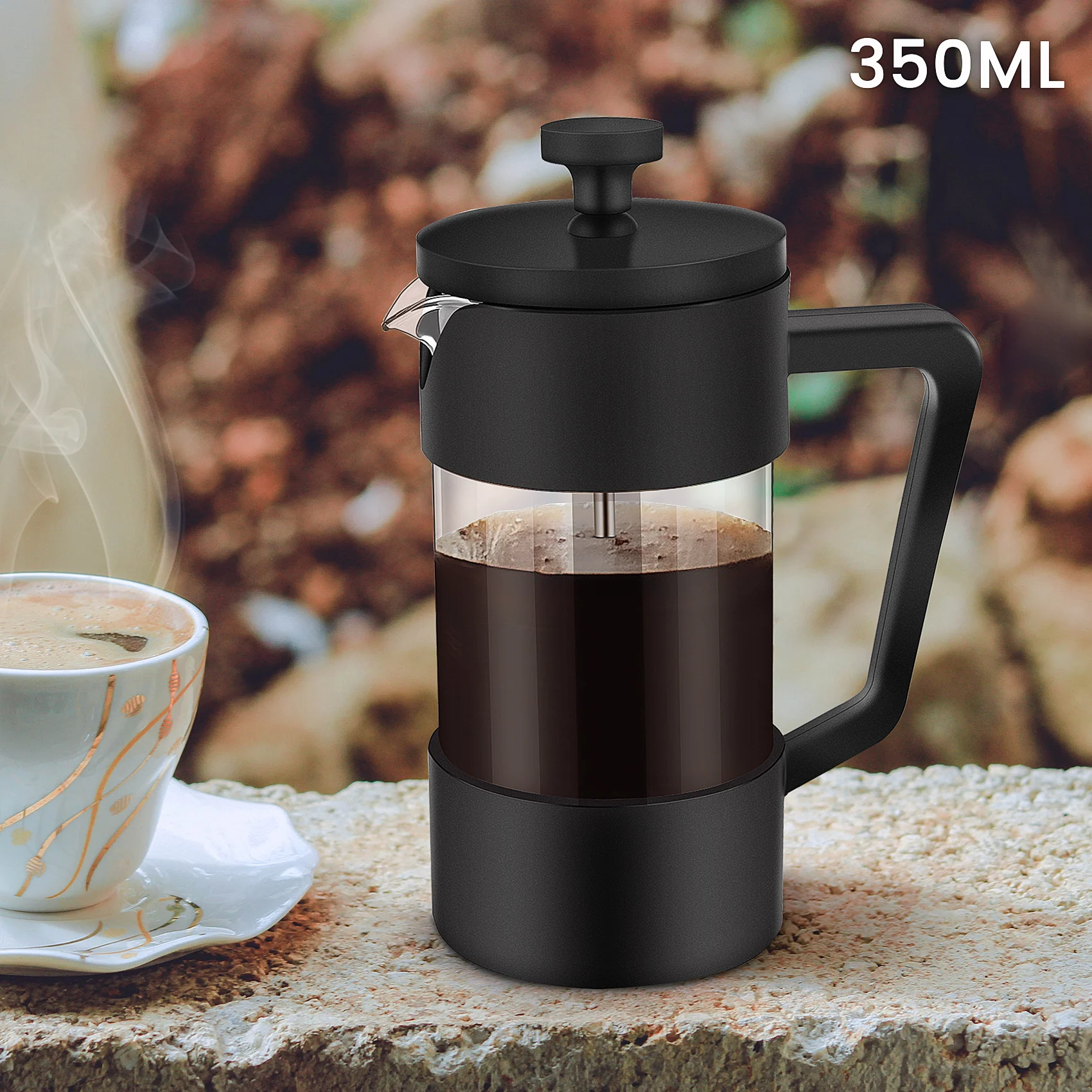 New A26P French Press Coffee & Tea Maker 12Oz, Thickened Borosilicate Glass Coffee Press Rust-Free and Dishwasher Safe,Black