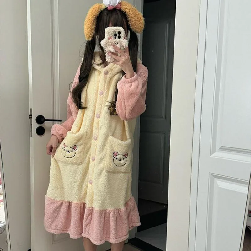 2024 Kawaii Cute Rilakkuma Hooded Pajamas Coral Fleece Nightgown Pants Set Thickened Insulation Autumn Winter Gift for Girls