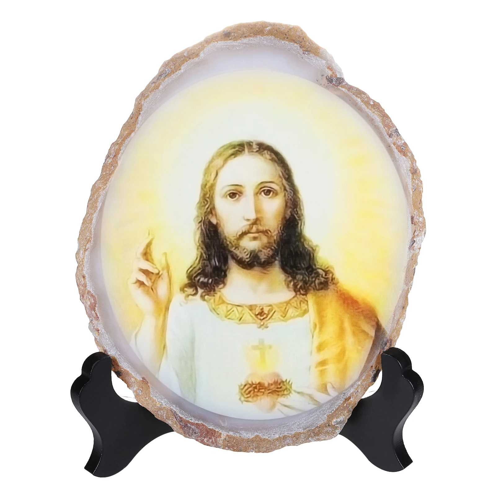 

TUMBEELLUWA Healing Natural Irregular Agate Slices Ornaments With Wooden Stand Jesus Angel Virgin Mary Pattern Home Decoration