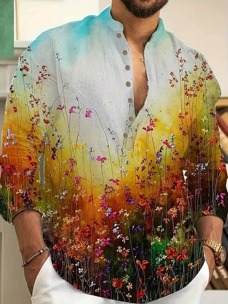 قميص هاواي الرجالي بأكمام طويلة مطبوع عليه زهور للشاطئ، قميص رجالي أنيق جديد مزين بالزهور #1