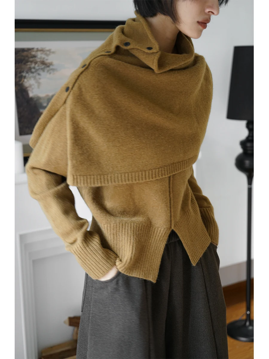 

Уютный однотонный свитер свободного кроя с круглым вырезом и накидкой на плечи, мягкий вязаный, осенне-зимний, женский, модный, для повседневной носки, с длинными рукавами