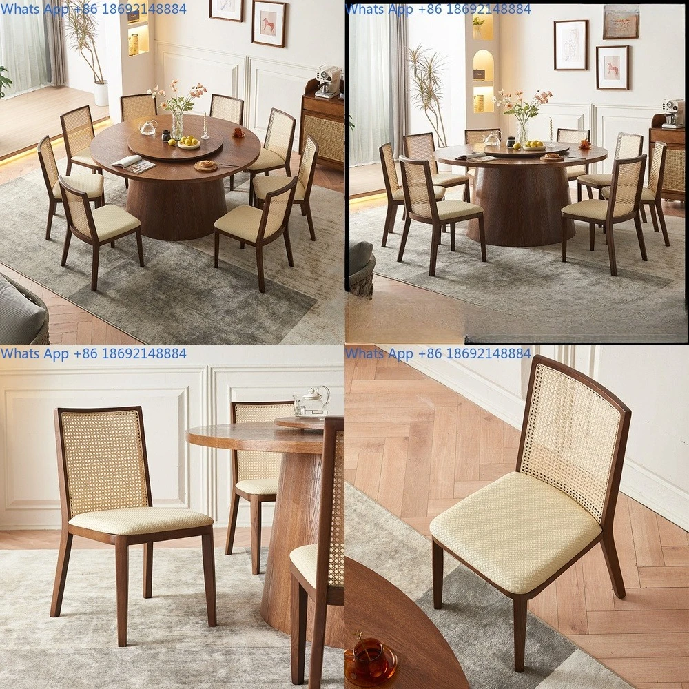 

Solid Wood Dining Table Set with Round Table and Rattan Chairs for Home Use
