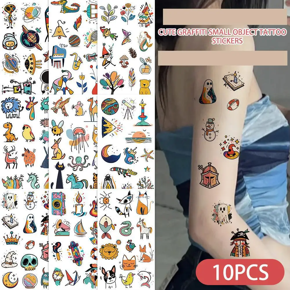 10Pcs Cartoon Doodles Temporary Tattoo Stickers Fake Cute Pattern Tattoos Stickers Waterproof For Kids Birthday Party Decoration