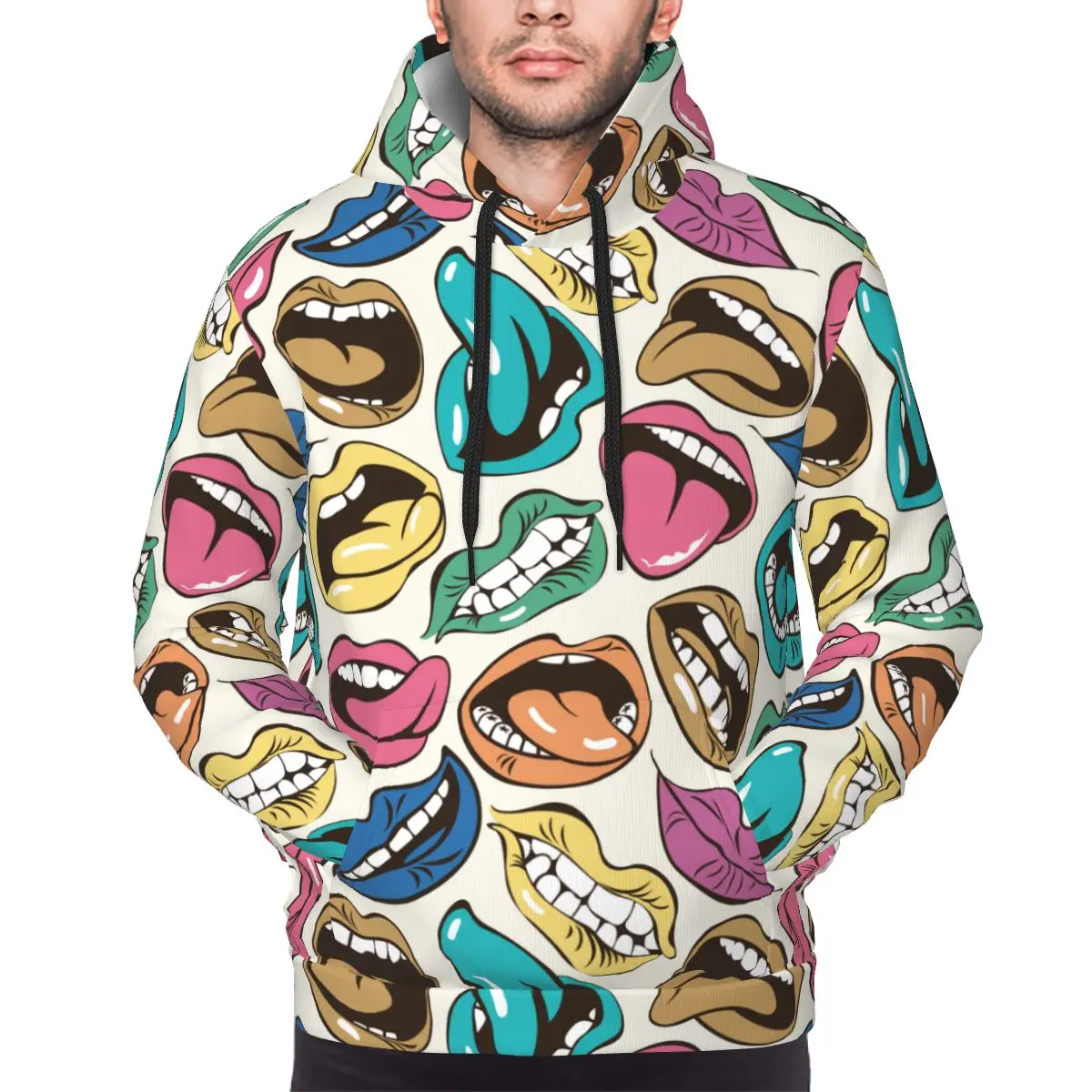 Mens Womens Hippie Lips Kiss Hoodie Hooded Collar Drawstring Hoodies Hip Hop Mouth Lip Pullover Sweatshirts Long Sleeve Shirts